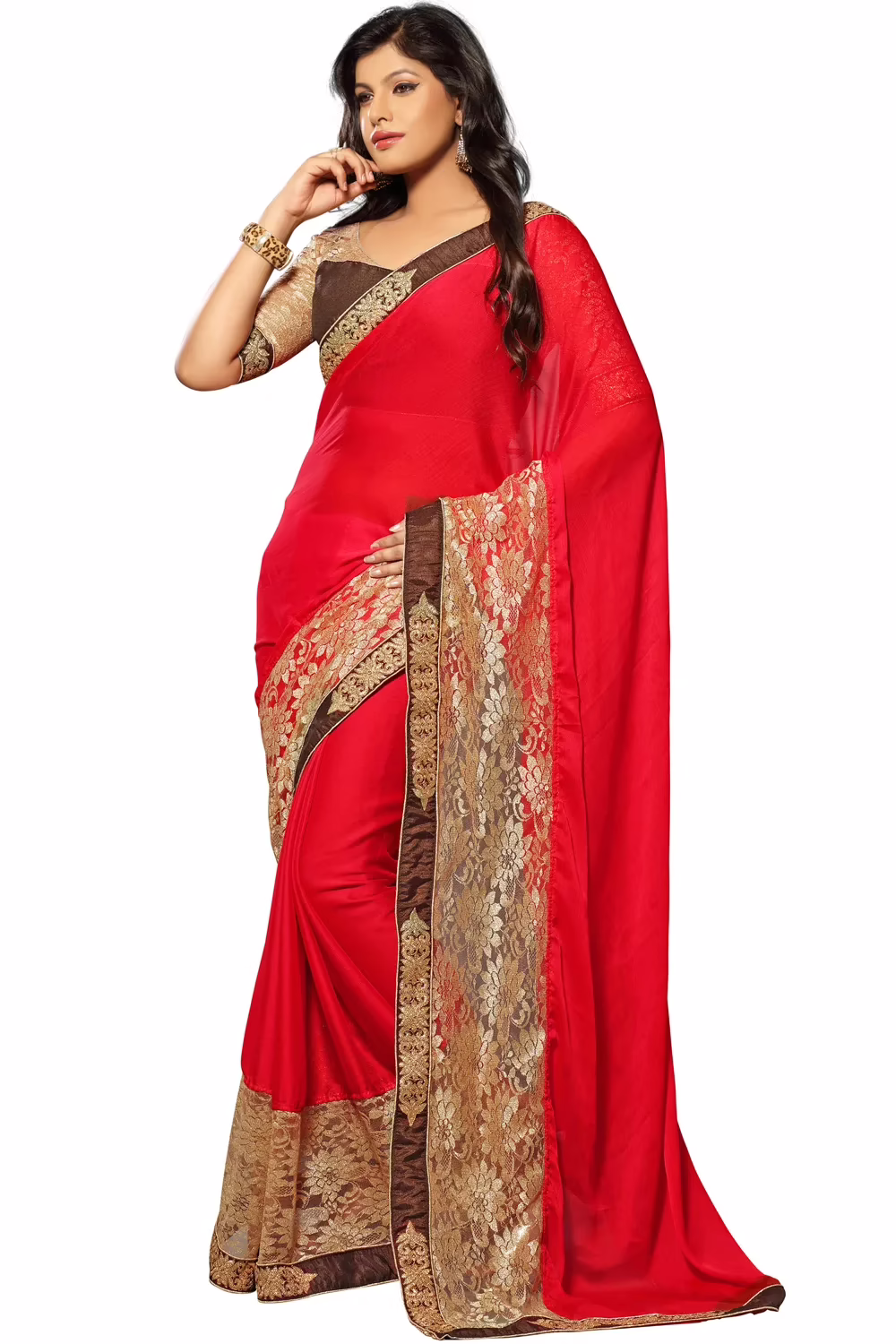 Akriti Red & Brown Traditional Saree With Matching Blouse Piece