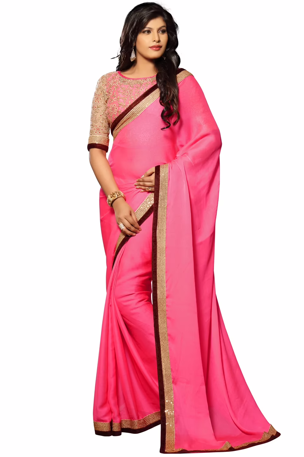 Akriti Megenta & Beige Traditional Saree With Matching Blouse Piece