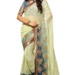 Akriti Cream & Blue Traditional Saree With Matching Blouse Piece