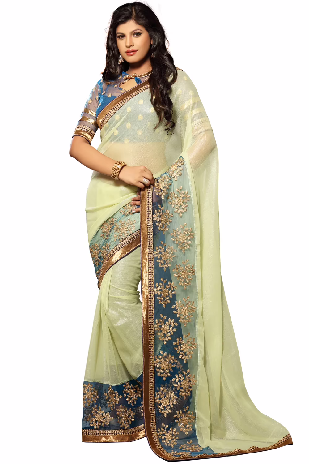 Akriti Cream & Blue Traditional Saree With Matching Blouse Piece