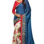 Akriti Blue & White Traditional Saree With Matching Blouse Piece