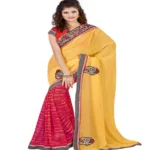 Yellow & Pink Colour Georgette Occation Wear Traditional Saree With Matching Blouse Piece