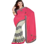 Pink & White Colour Georgette Occation Wear Traditional Saree With Matching Blouse Piece