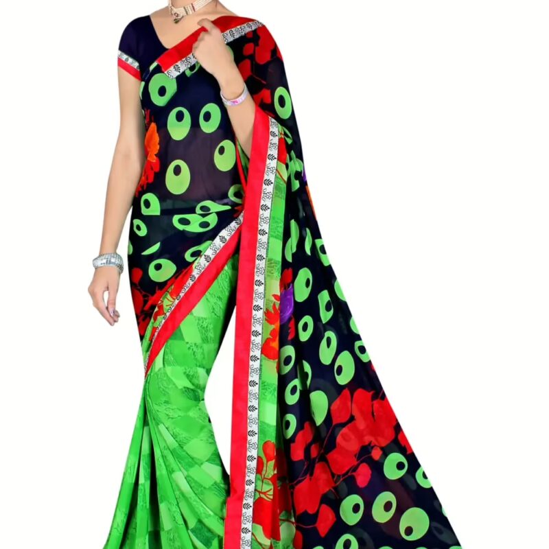 Alka Blue & Green Floral Printed Traditional Saree With Matching Blouse Piece