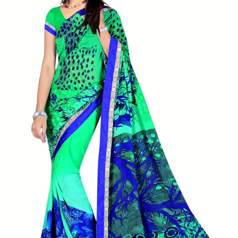 Alka Green & Blue Floral Printed Traditional Saree With Matching Blouse Piece