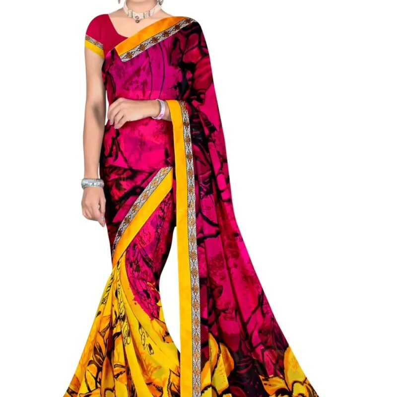 Alka Mustard & Magenta Floral Printed Traditional Saree With Matching Blouse Piece