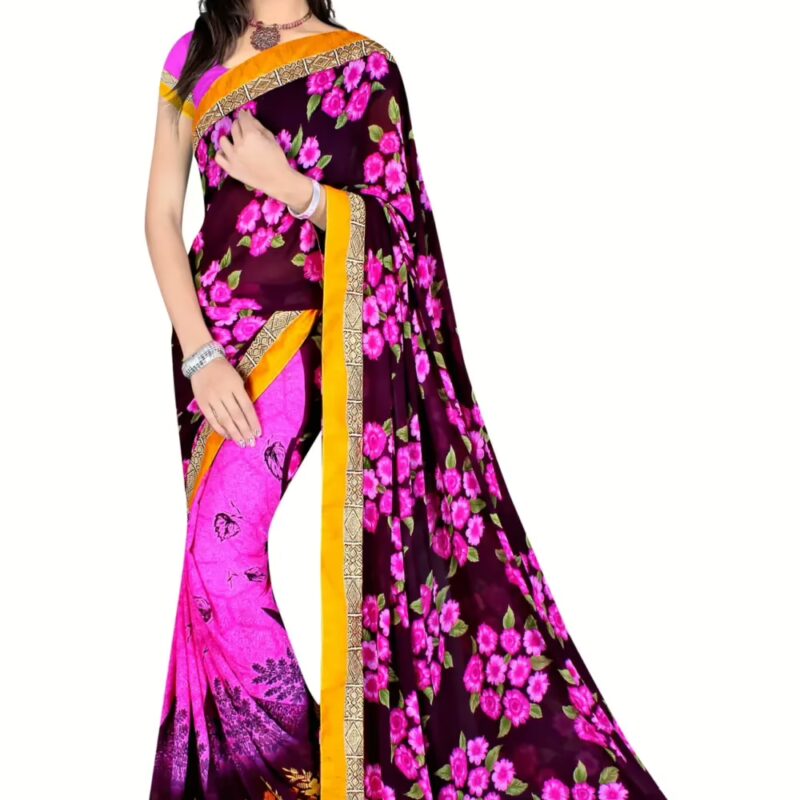 Alka Deep Purple & Maroon Floral Printed Traditional Saree With Matching Blouse Piece