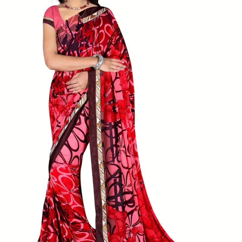 Alka Red Floral Printed Traditional Saree With Matching Blouse Piece