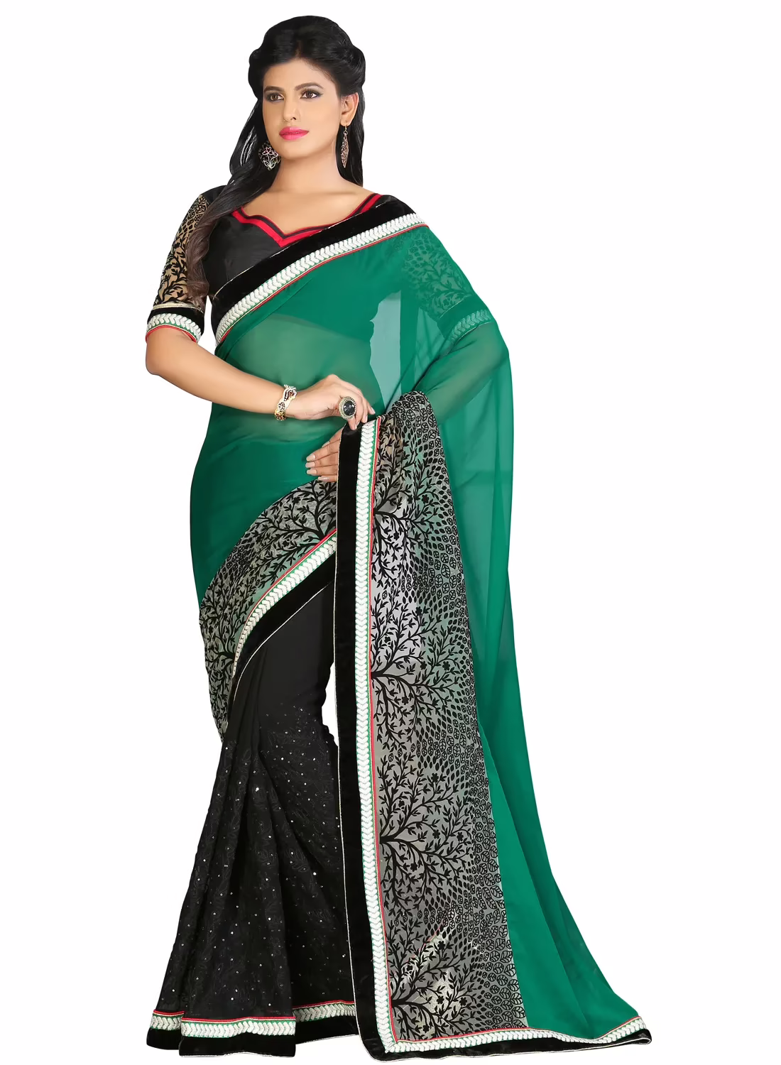 Akriti Green & Black Traditional Saree With Matching Blouse Piece - Image 2