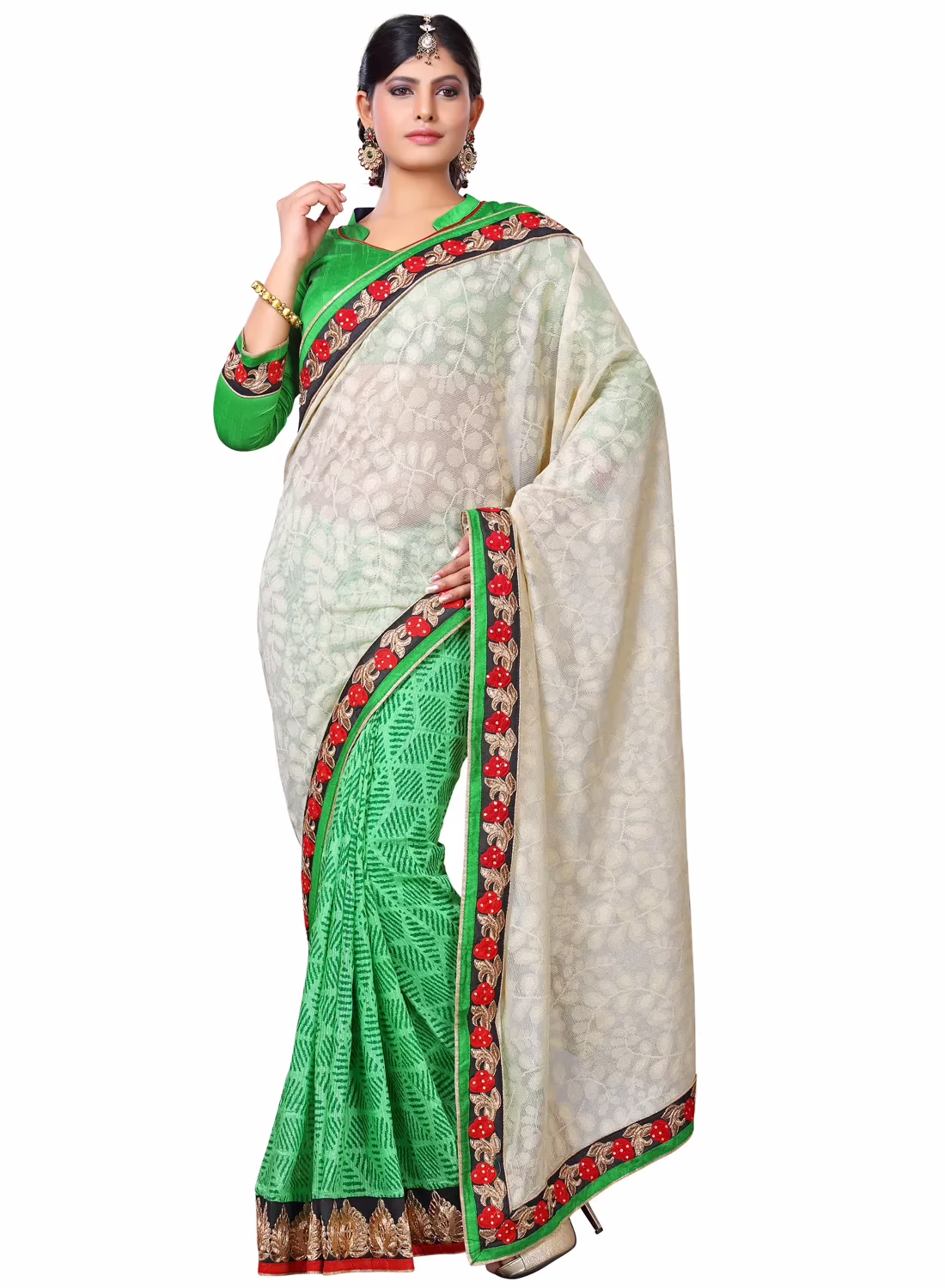Akriti White & Green Traditional Saree With Matching Blouse Piece - Image 2