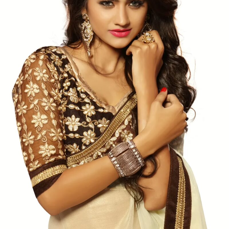 Alisha Cream Embroidered Traditional Designer Party Wear Saree With Matching Blouse Piece