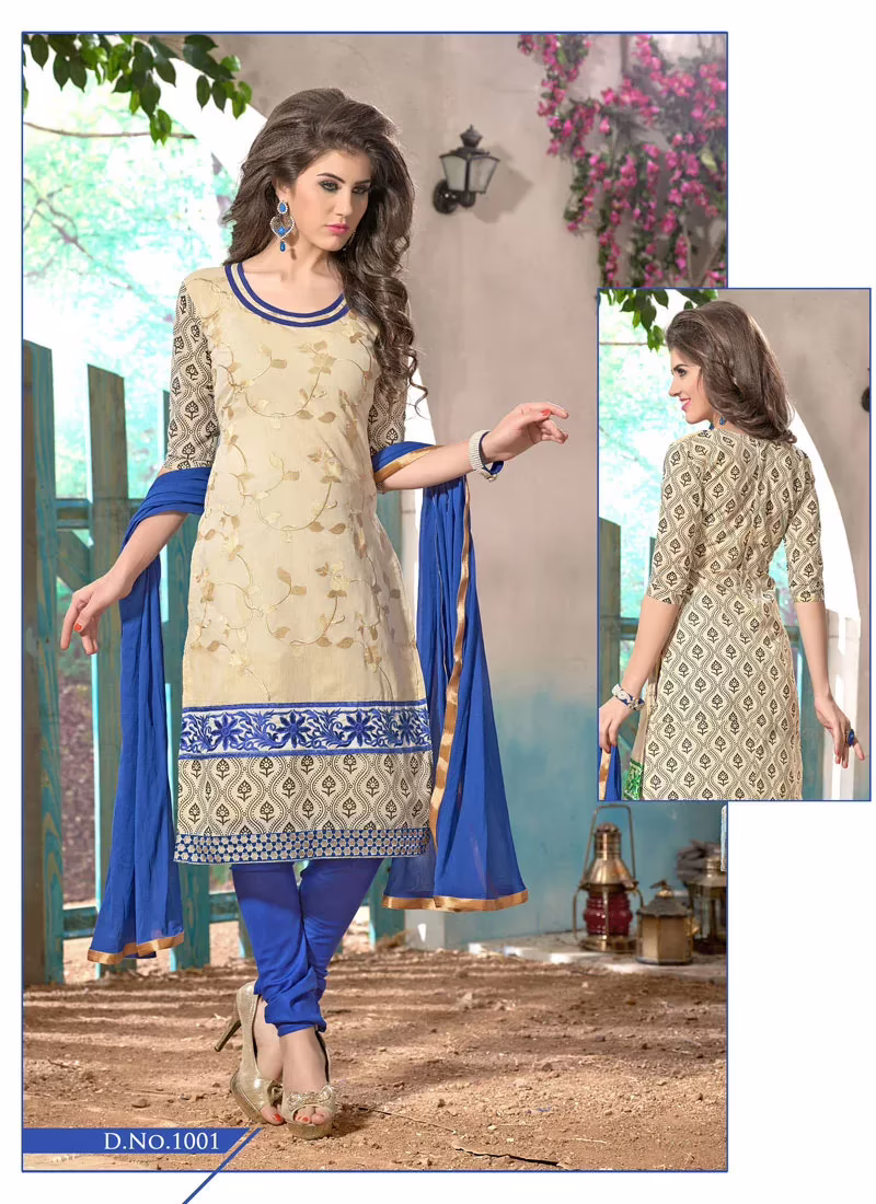 V&V Buy Cream Green Cotton Dress Material