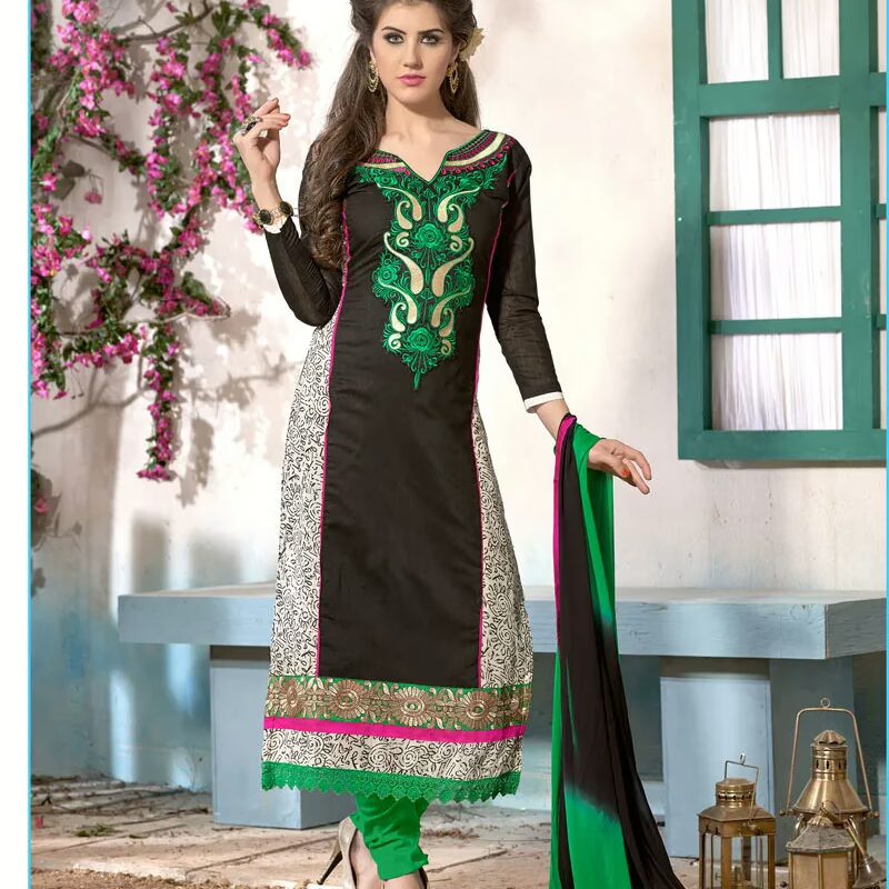 V&V Buy Black Green Cotton Dress Material