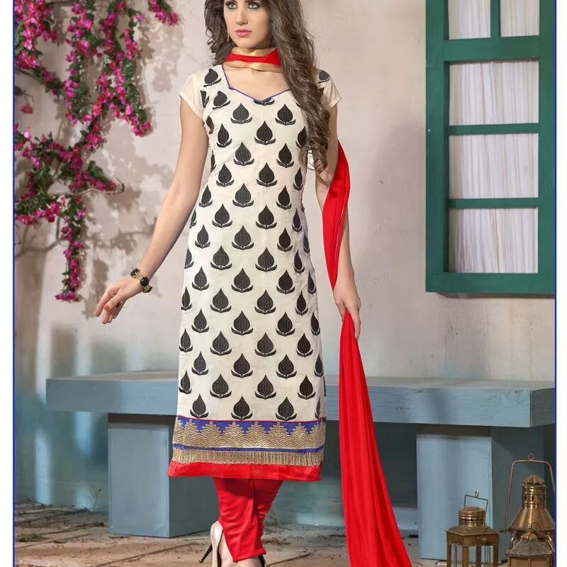 V&V Buy Off White Black Red Cotton Dress Material