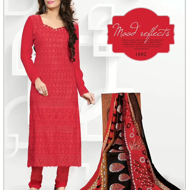 V&V Designer Red Schiffli Work Dress Material