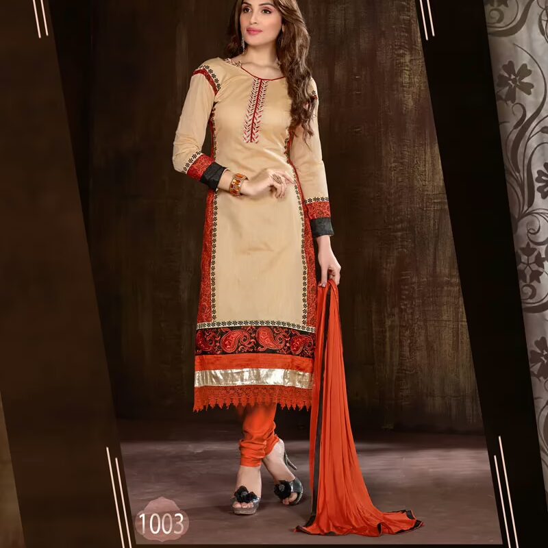 V&V Buy Cream Orange Cotton Dress Material