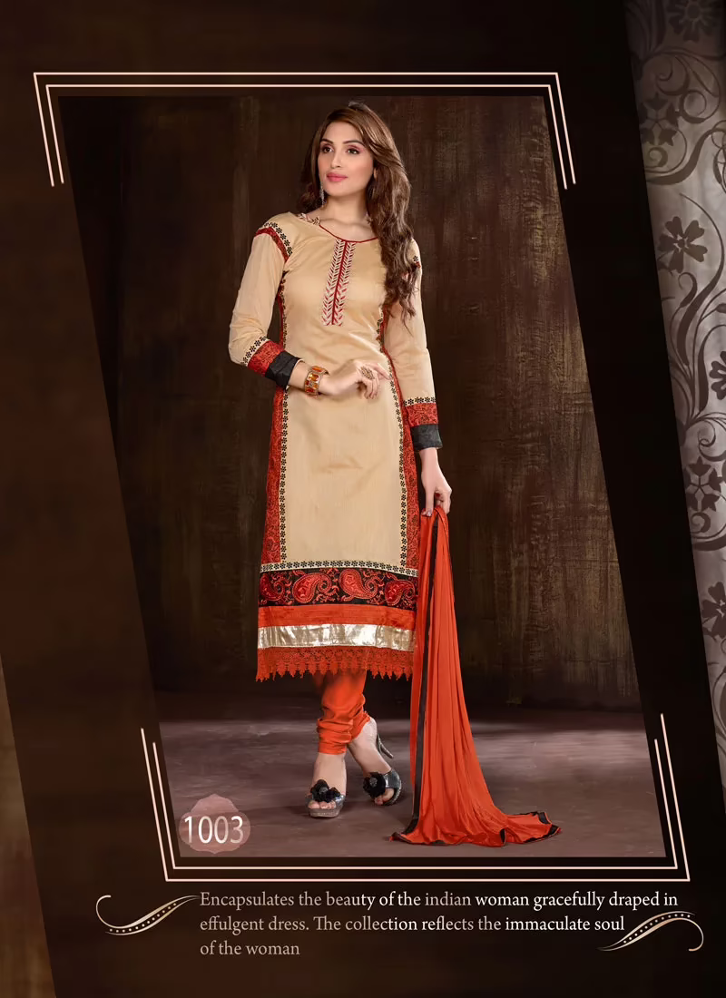 V&V Buy Cream Orange Cotton Dress Material