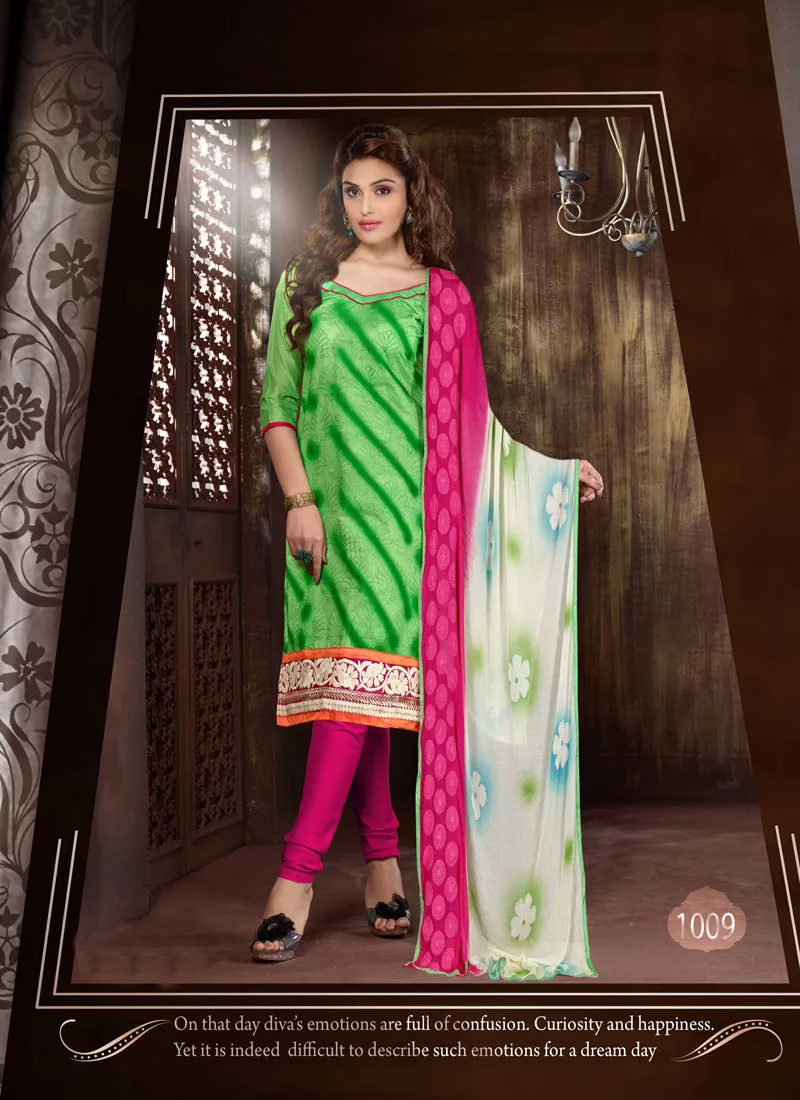 V&V Buy Green Pink Cotton Dress Material