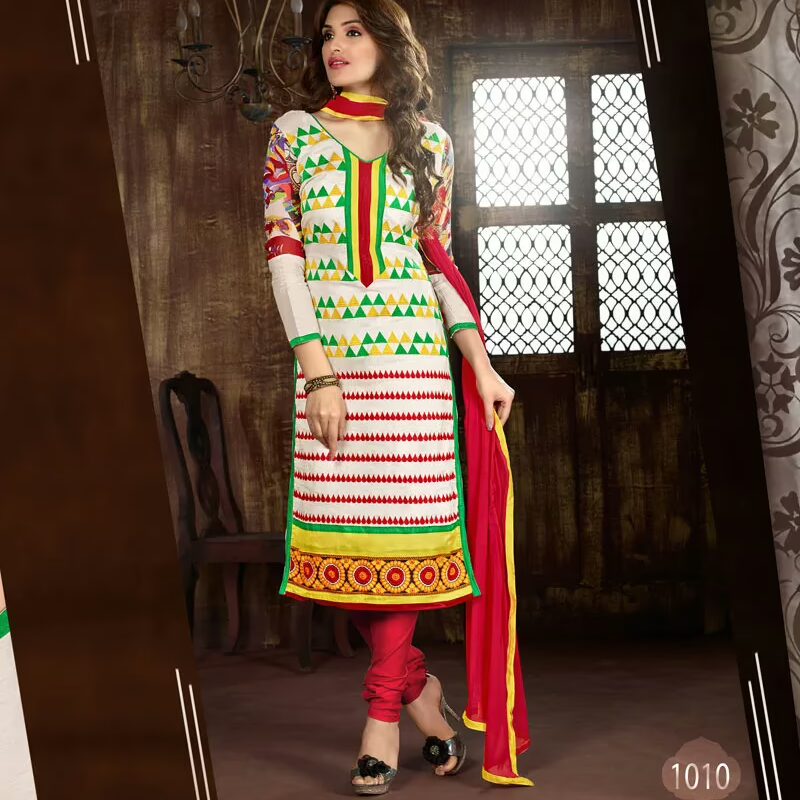 V&V Buy White Red Green Dress Material