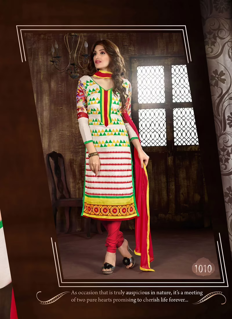 V&V Buy White Red Green Dress Material