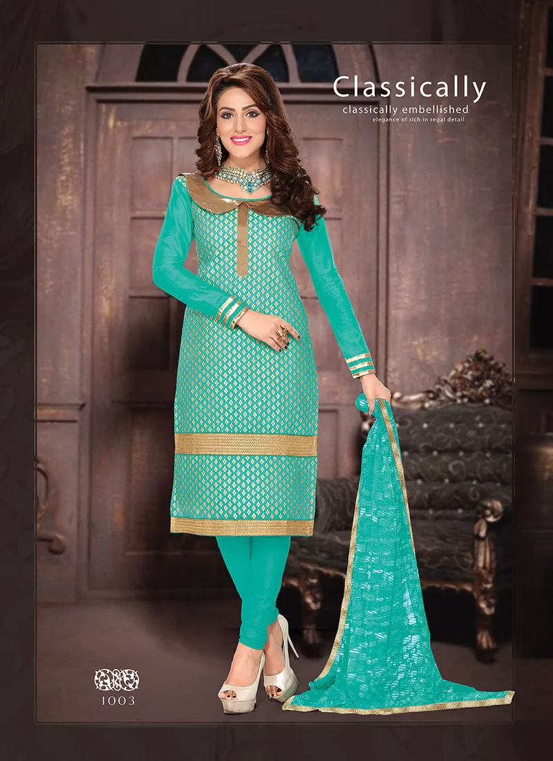 V&V Embroidered Chanderi Cotton Churidar Dress Material