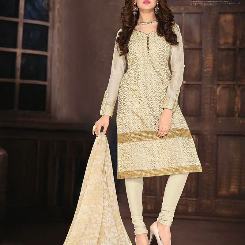 V&V Embroidered Chanderi Cotton Churidar Dress Material