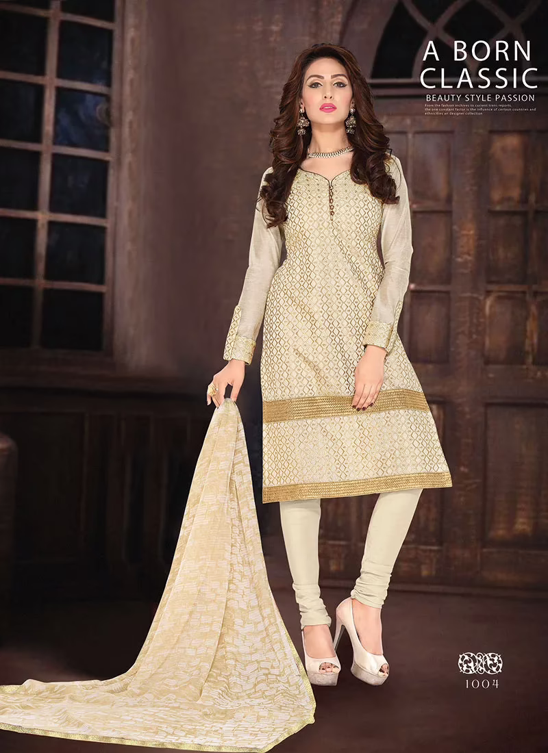 V&V Embroidered Chanderi Cotton Churidar Dress Material