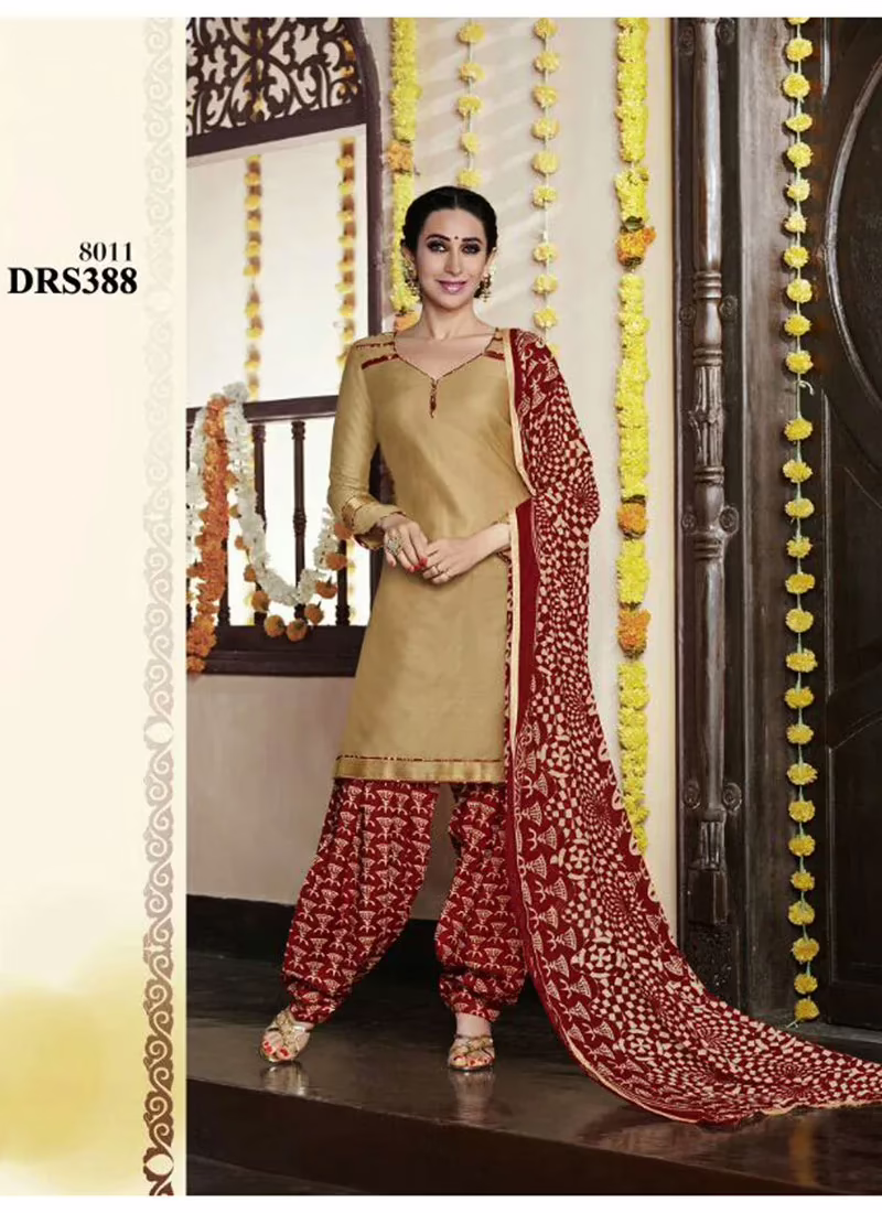 V&V Latest Cream Karishma Kapoor Patiala Cotton Dress Material