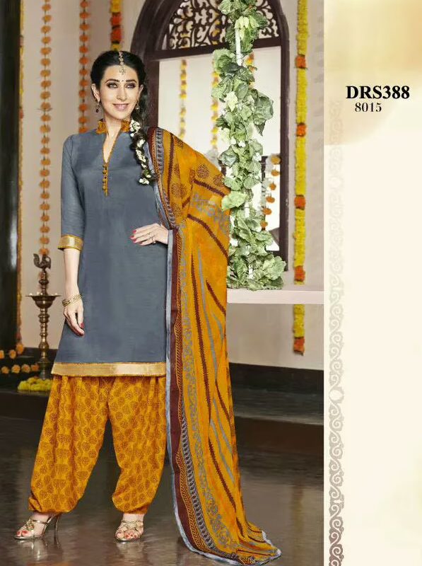 V&V Gray Yellow Karishma Kapoor Patiala Cotton Dress Material