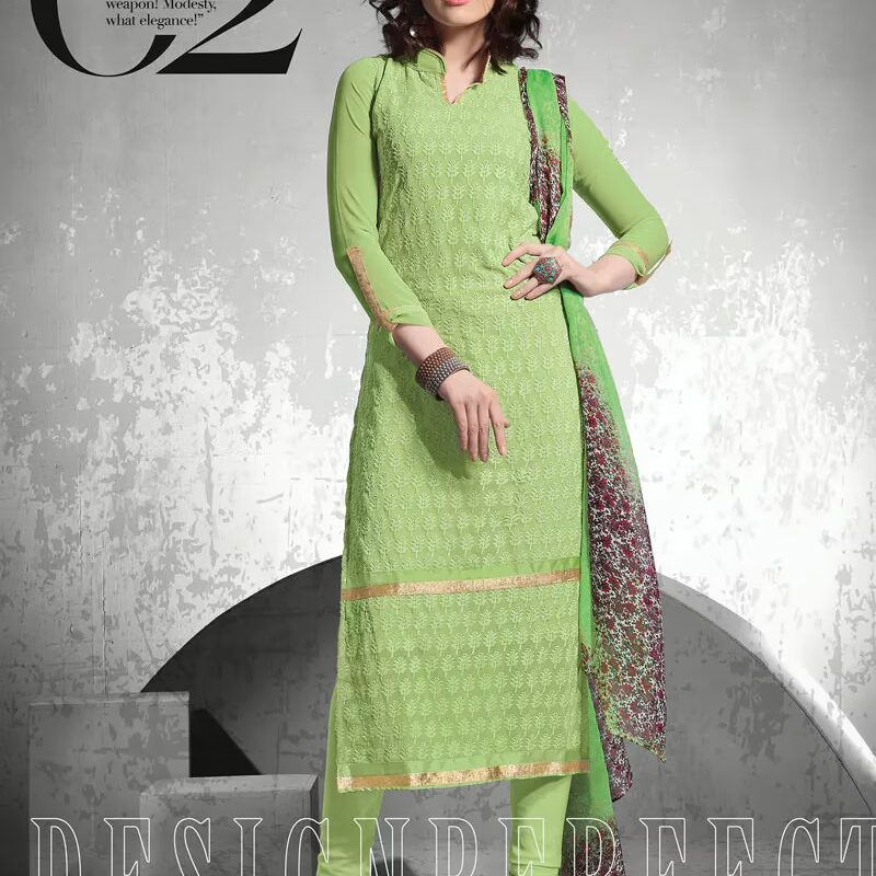 V&V Purchase Parrot Green Schiffli Work Dress Material