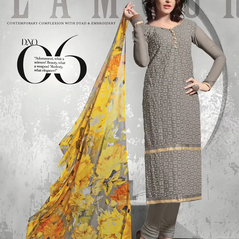 V&V Designer Gray Schiffli Work Dress Material