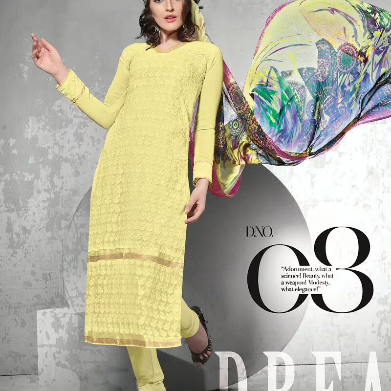V&V Online Yellow Schiffli Work Dress Material