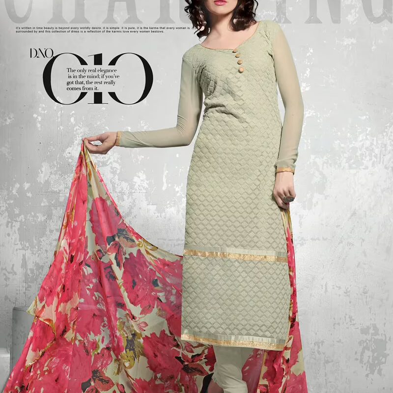V&V New Gray Cream Schiffli Dress Material