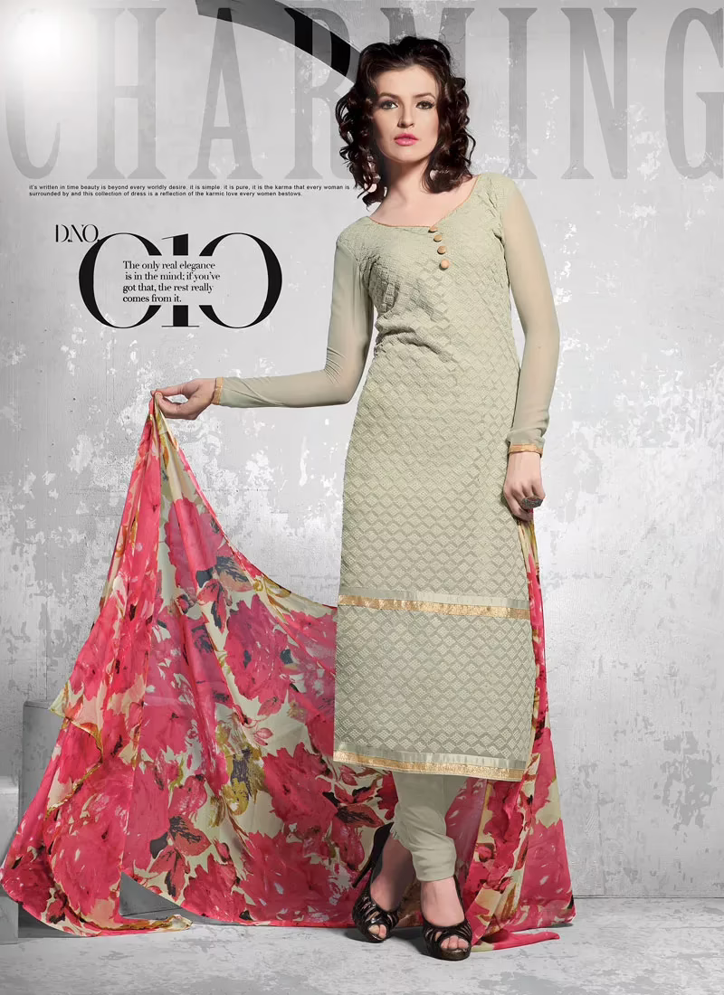 V&V New Gray Cream Schiffli Dress Material