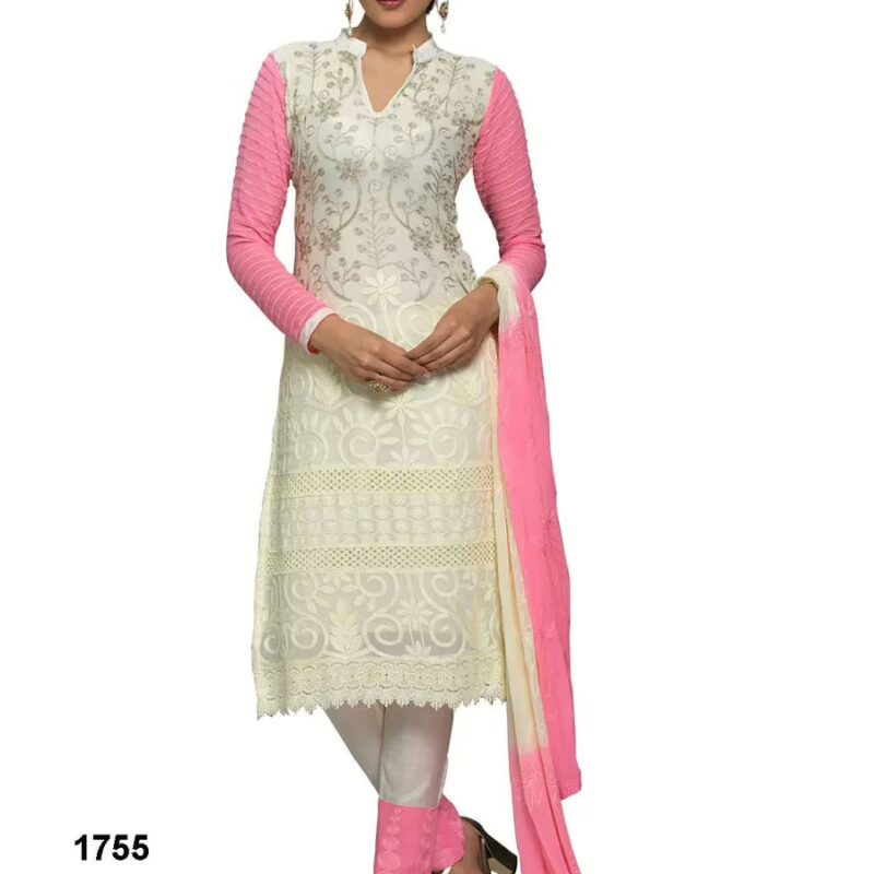 V&V Latest Pure Chiffon White & Pink Color Dress Material