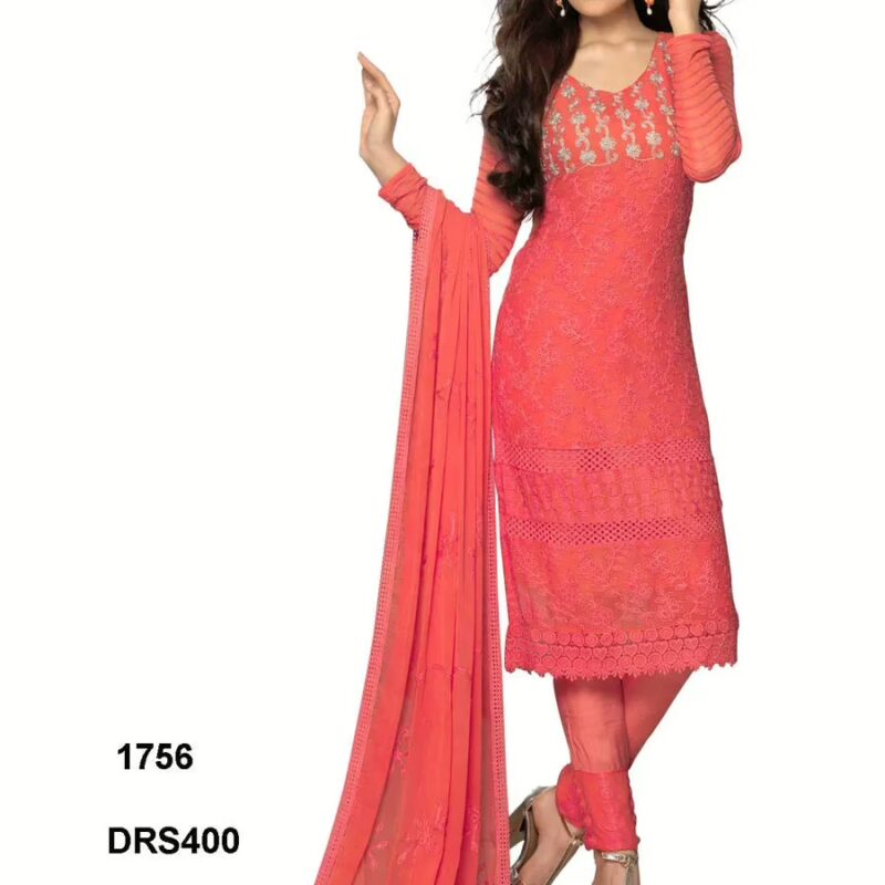 V&V Latest Pure Chiffon Red Color Embroidered Work Dress Material