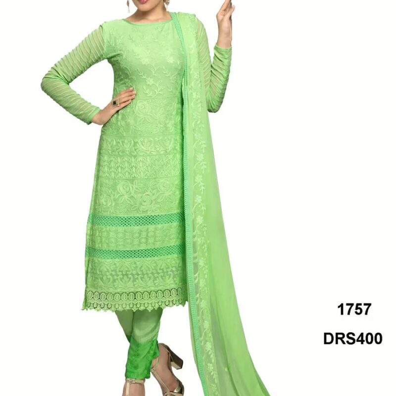 V&V Latest Pure Chiffon Parrot Green Color Dress Material