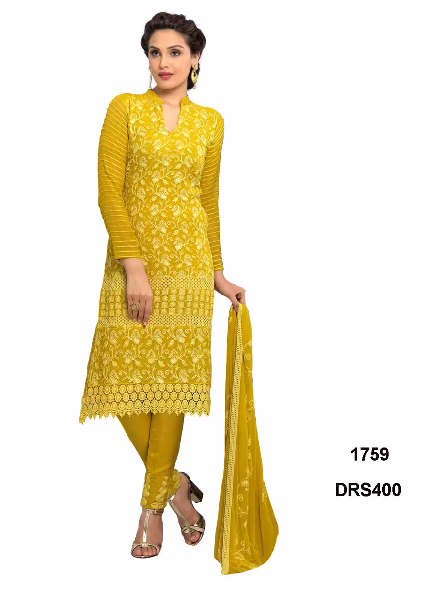 V&V Latest Pure Chiffon Golden Yellow Color Dress Material