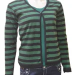 Green Black Striped Machine Knitted Woolen Full Sleeves Top with Inner