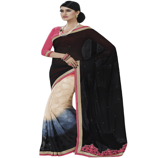 Black Colour Georgette Traditional Designer Occation Wear Saree With Matching Blouse Piece