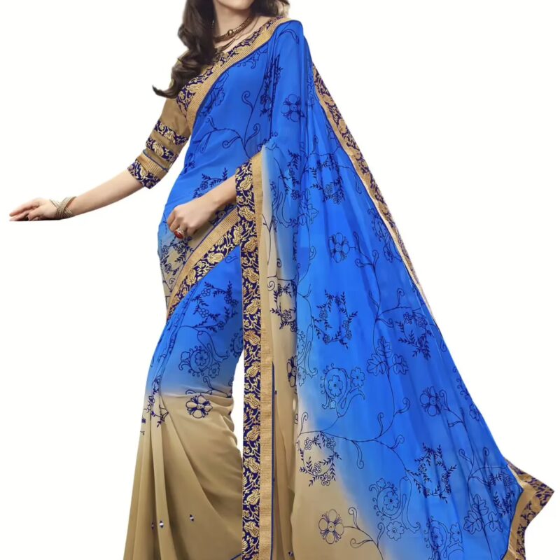 Blue & Beige Shaded Traditional Designer Saree With Matching Blouse Piece