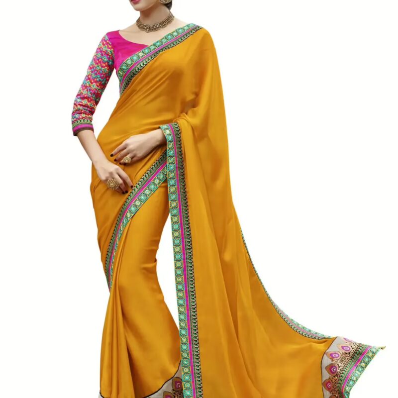 Turmeric Satin Chiffon Traditional Designer Saree With Matching Blouse Piece