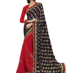 Navy Blue & Red Traditional Designer Saree With Matching Blouse Piece