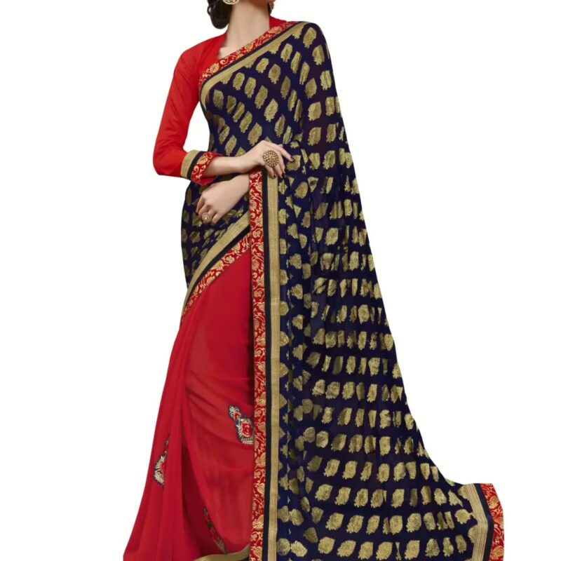 Navy Blue & Red Traditional Designer Saree With Matching Blouse Piece