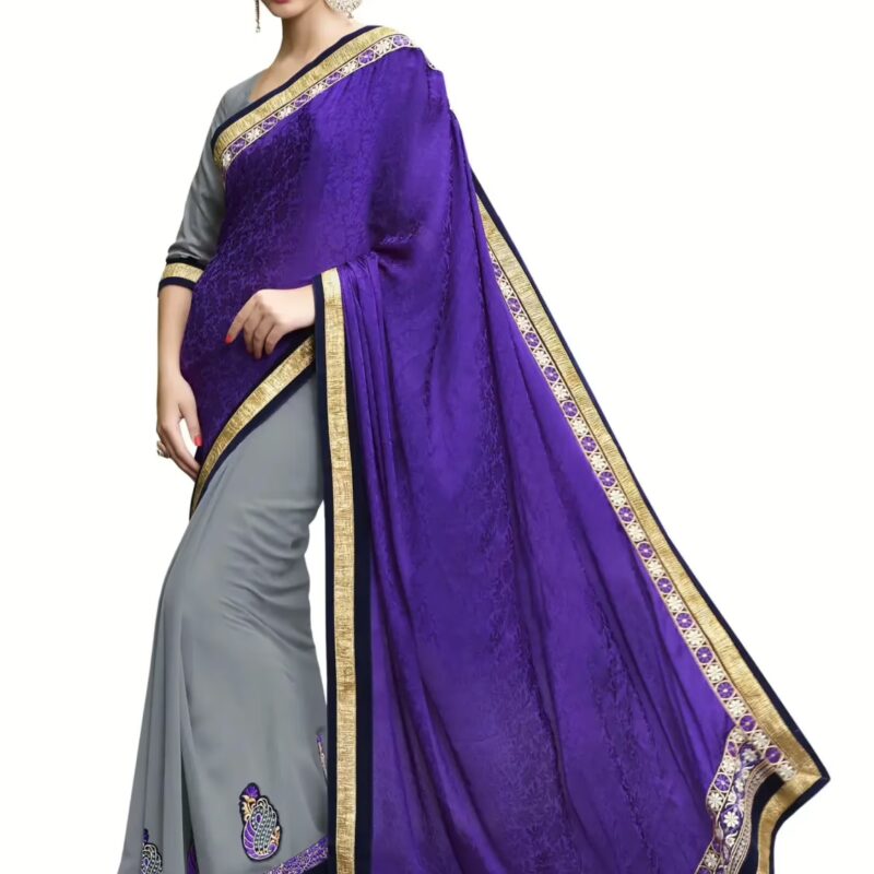 Violet & Grey Traditional Designer Saree With Matching Blouse Piece