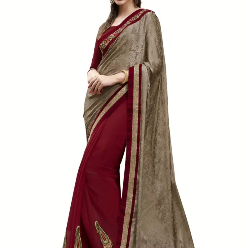 Chocolate Brown & Maroon Traditional Designer Saree With Matching Blouse Piece