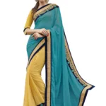 Turquoise & Yellow Traditional Designer Saree With Matching Blouse Piece