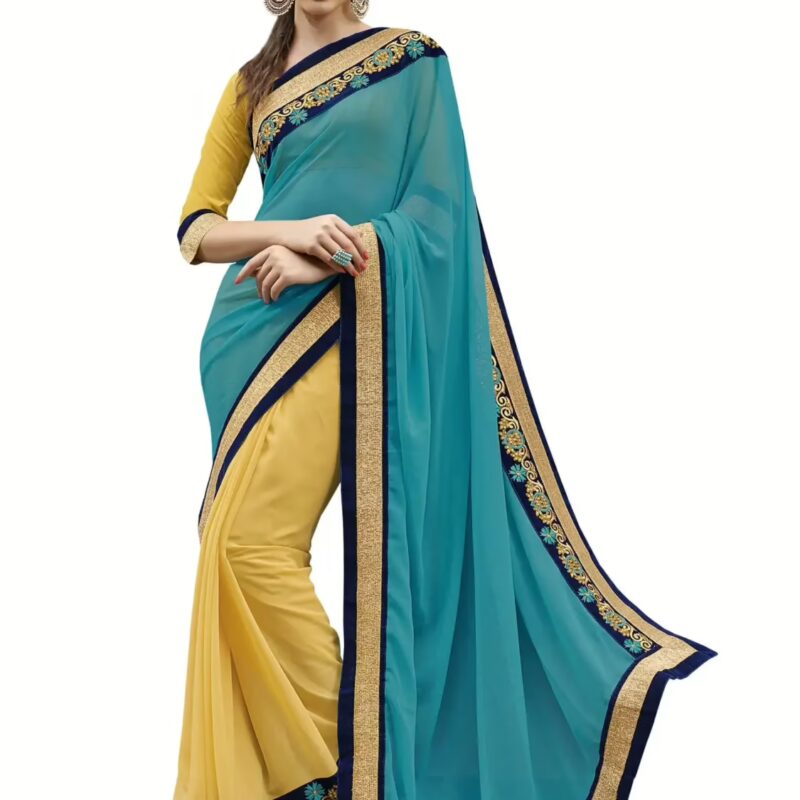 Turquoise & Yellow Traditional Designer Saree With Matching Blouse Piece