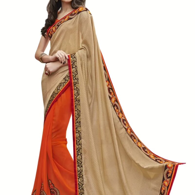 Beige & Orange Traditional Designer Saree With Matching Blouse Piece