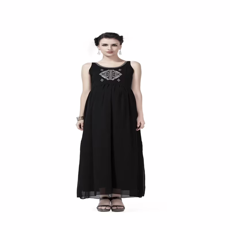 Radiation Safe stylish And Comfortable Round Neck Gold Embroidery Long Maternity Dress